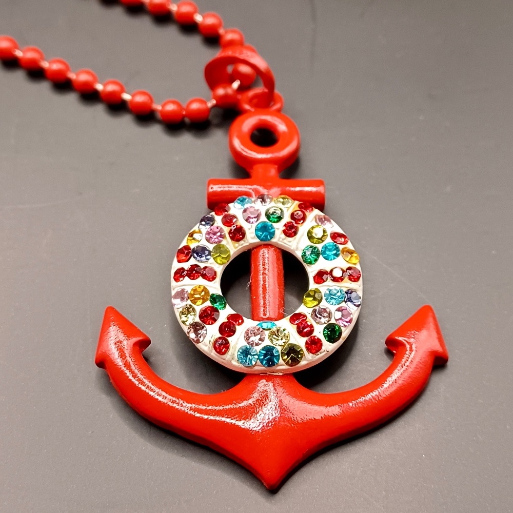Enameled red anchor with crystal buoy pendant necklace
